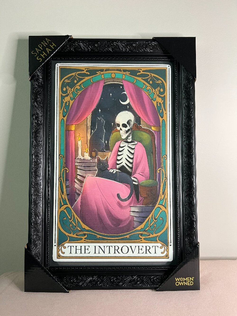 NEW Sapna Shah The Introvert Skeleton Black Cat Framed Wall Art